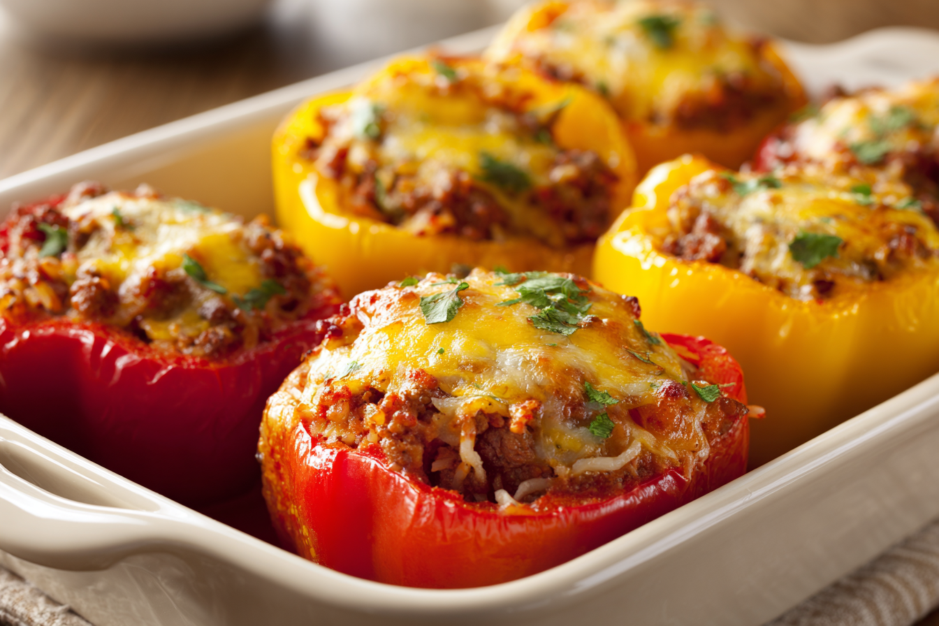 Cheesy Stuffed Peppers with Beef and Rice