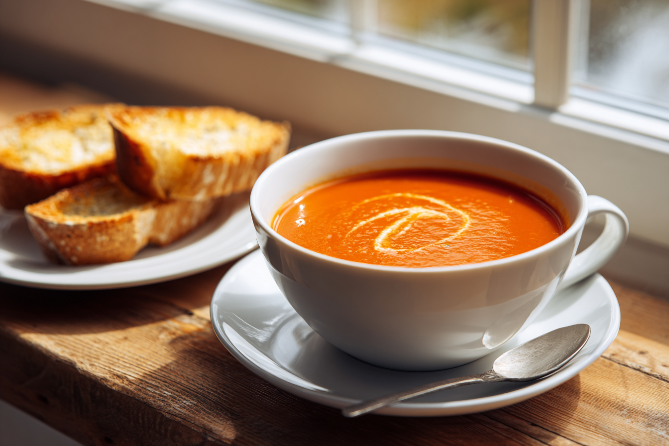 Creamy Tomato Basil Soup With Toasted Garlic Bread