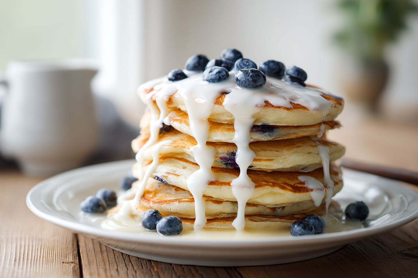 Fluffy Lemon Blueberry Pancakes With Warm Vanilla Drizzle