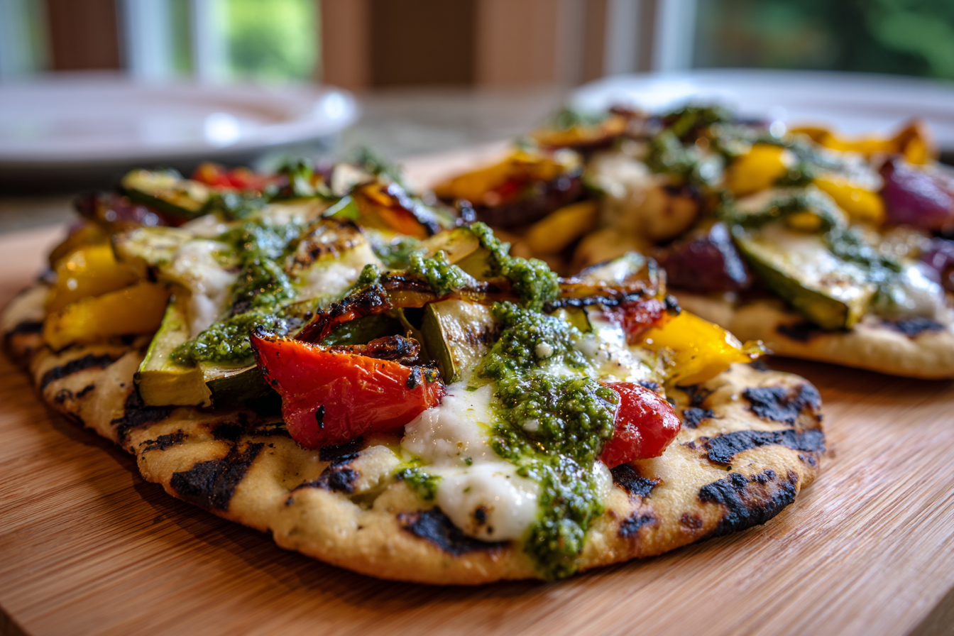 Grilled Veggie Flatbread with Pesto and Mozzarella