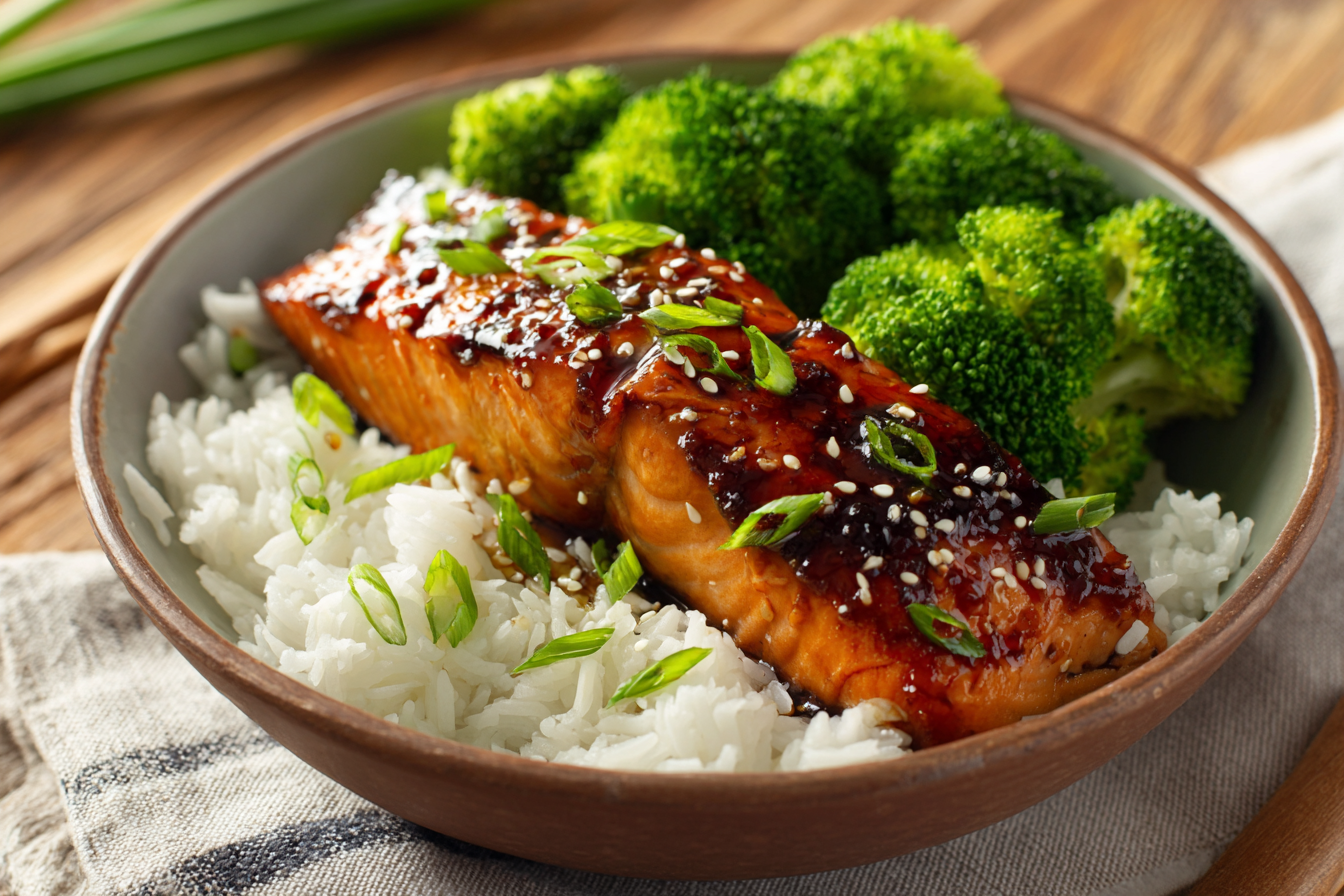 Honey Soy Glazed Salmon With Rice and Greens