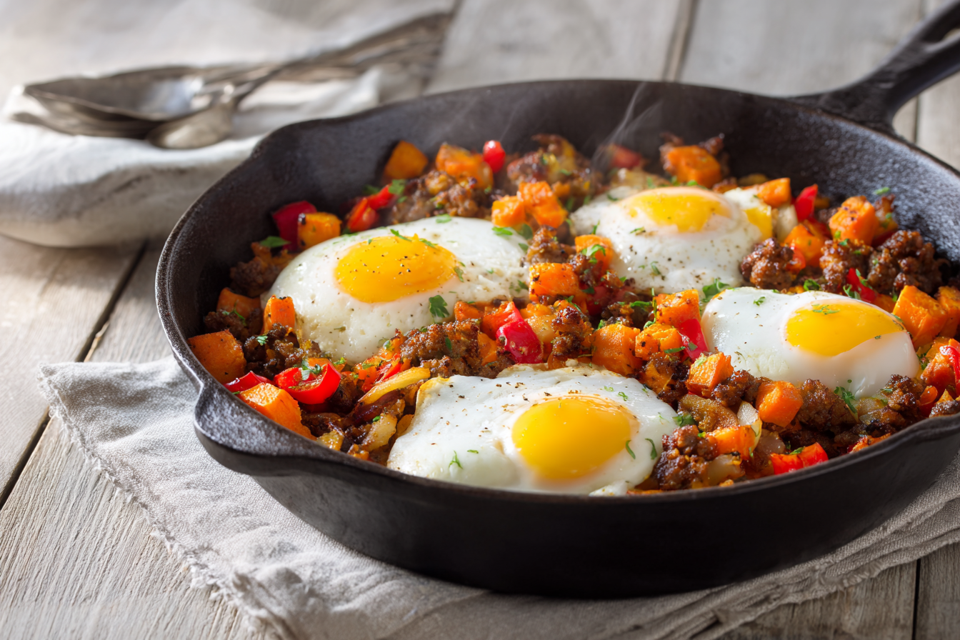 Sweet Potato Breakfast Skillet with Sausage and Greens